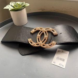 Versona Chanel-like logo black elastic belt S/M - NWT